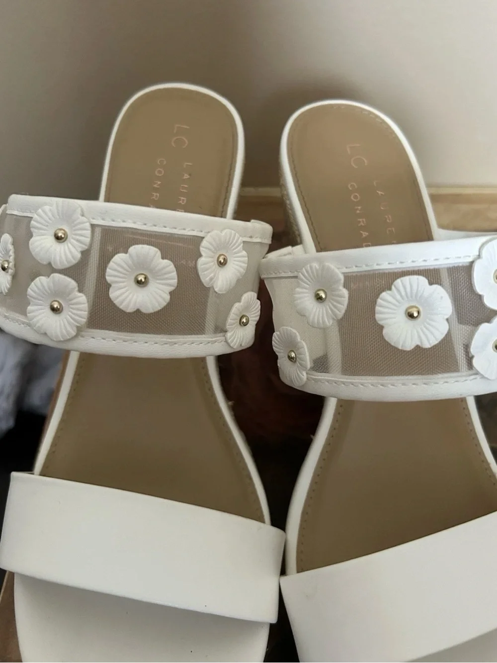 White Floral Mesh Espadrille Wedge Sandals